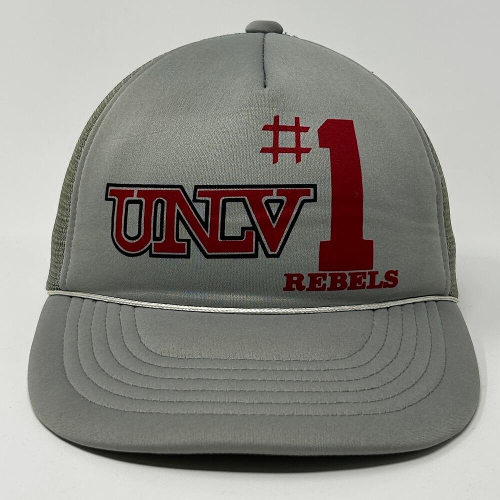 Vintage 80s UNLV Rebels Trucker Hat Baseball Cap Gray Las Vegas Mesh Snapback